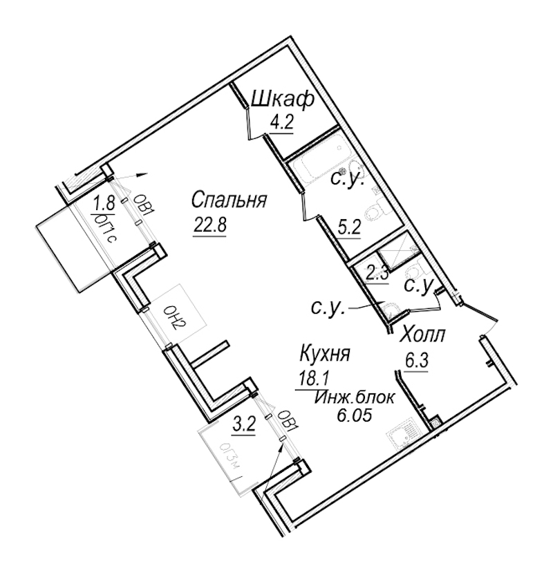 1-комнатная квартира 59.3 м², 7/8 эт., Комплекс апартаментов «Meltzer Hall»